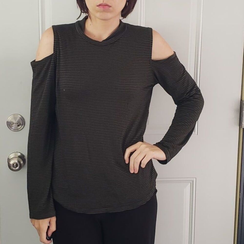 Y2K Green and Black Striped Cold Shoulder Top